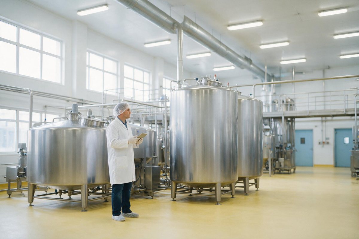 Técnico de laticínio com tablet ao lado de tanques de aço inox