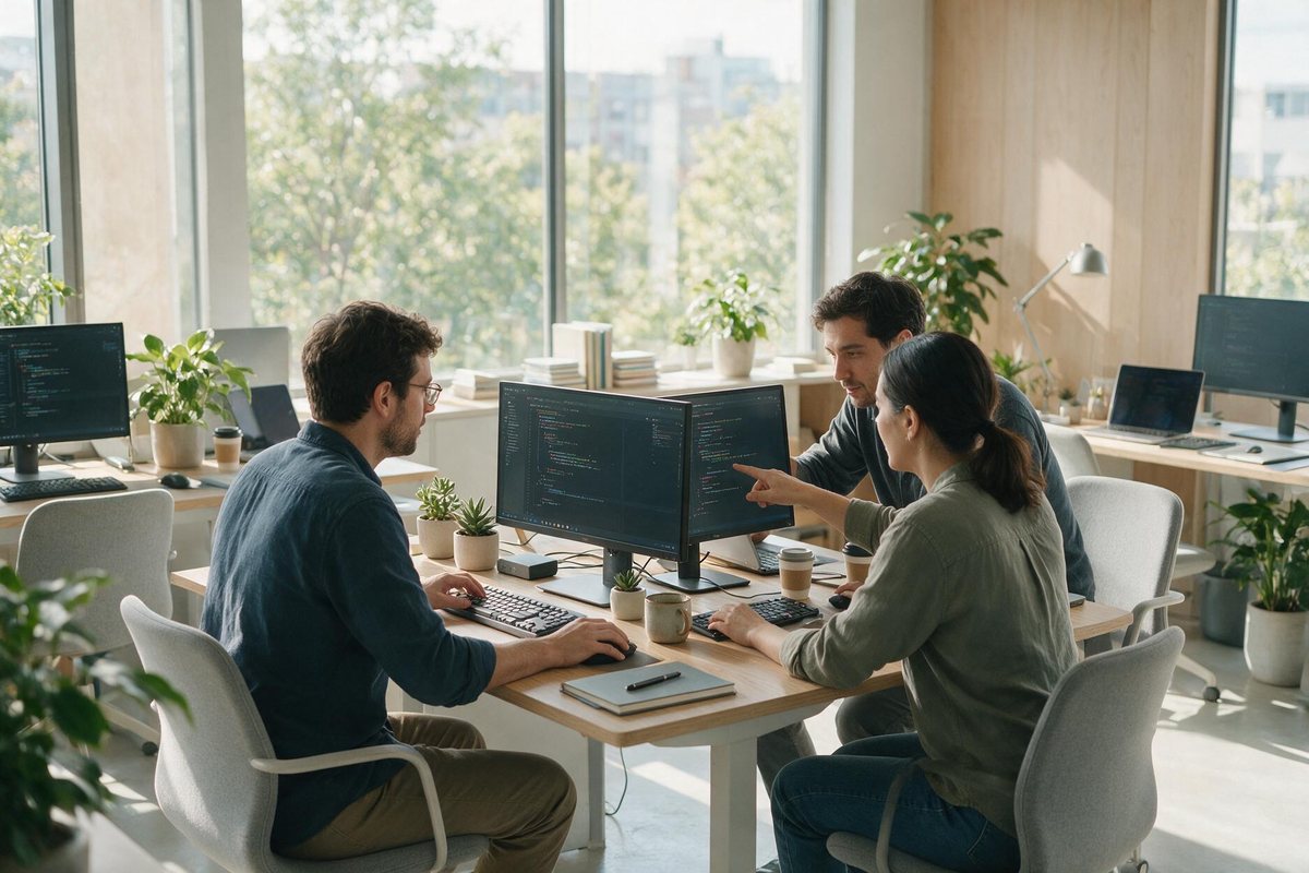 Equipe de desenvolvedores de software trabalhando com código em escritório moderno