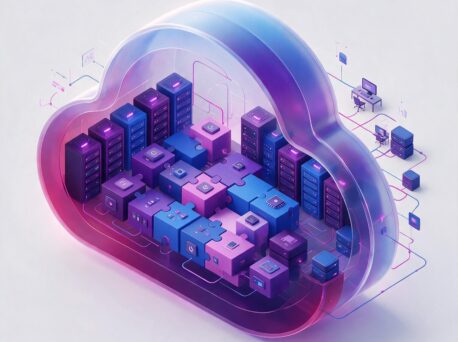 Ilustracao isometrica de infraestrutura em nuvem sob medida com racks e modulos para software house Ilustracao isometrica de infraestrutura em nuvem sob medida com racks e modulos para software house