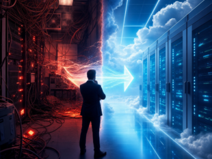 Empresário decidindo entre servidor local e data center em nuvem iluminado