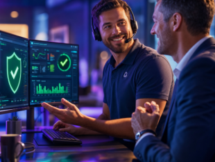 Técnico de suporte de TI humanizado atendendo cliente com monitoramento proativo